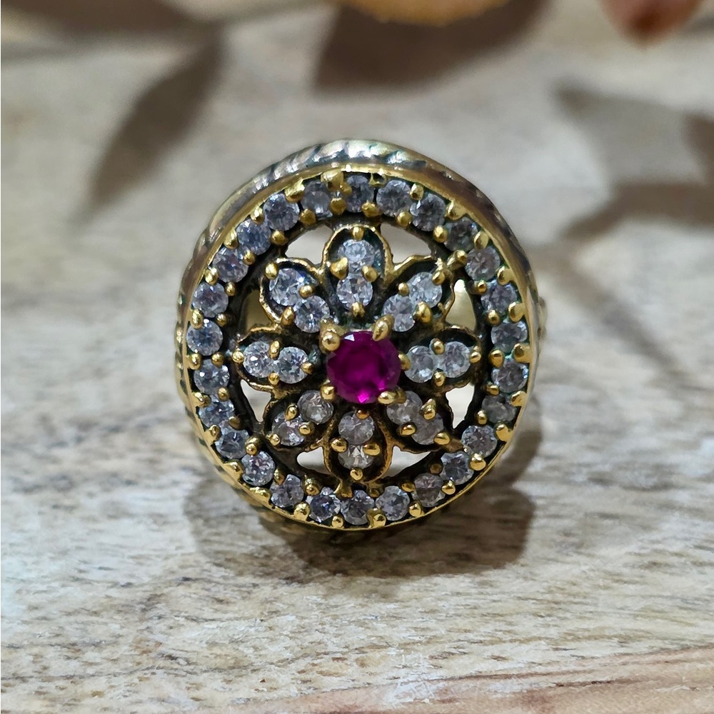 Vintage Ottoman Revival Sterling Silver & Vermeil Ruby Cluster Ring - Picture 3 of 8